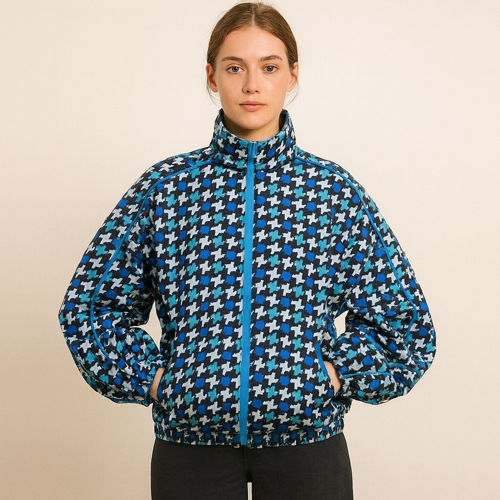 🔷 Aviat Sportif Vintage Houndstooth Windbreaker‎ – Retro Track Jacket (L)